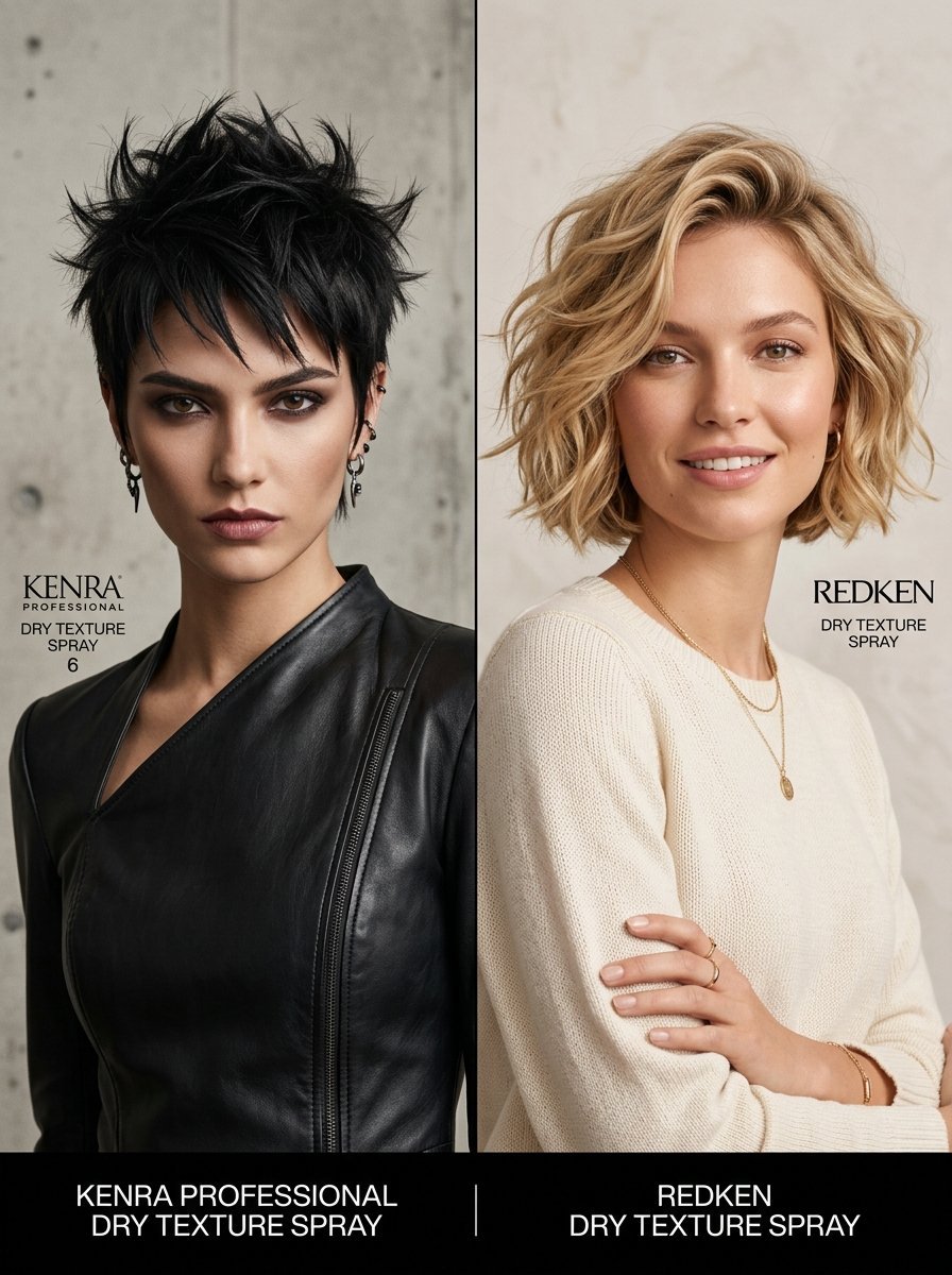 Split screen image showing a woman with short black spiky hair and a woman with wavy blonde hair.