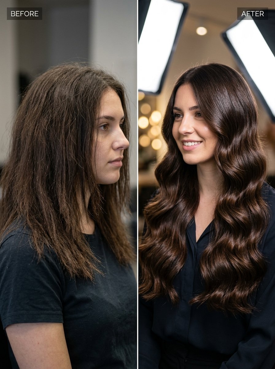 Split screen comparing dry wavy hair on the left to smooth, glossy, voluminous waves on the right.