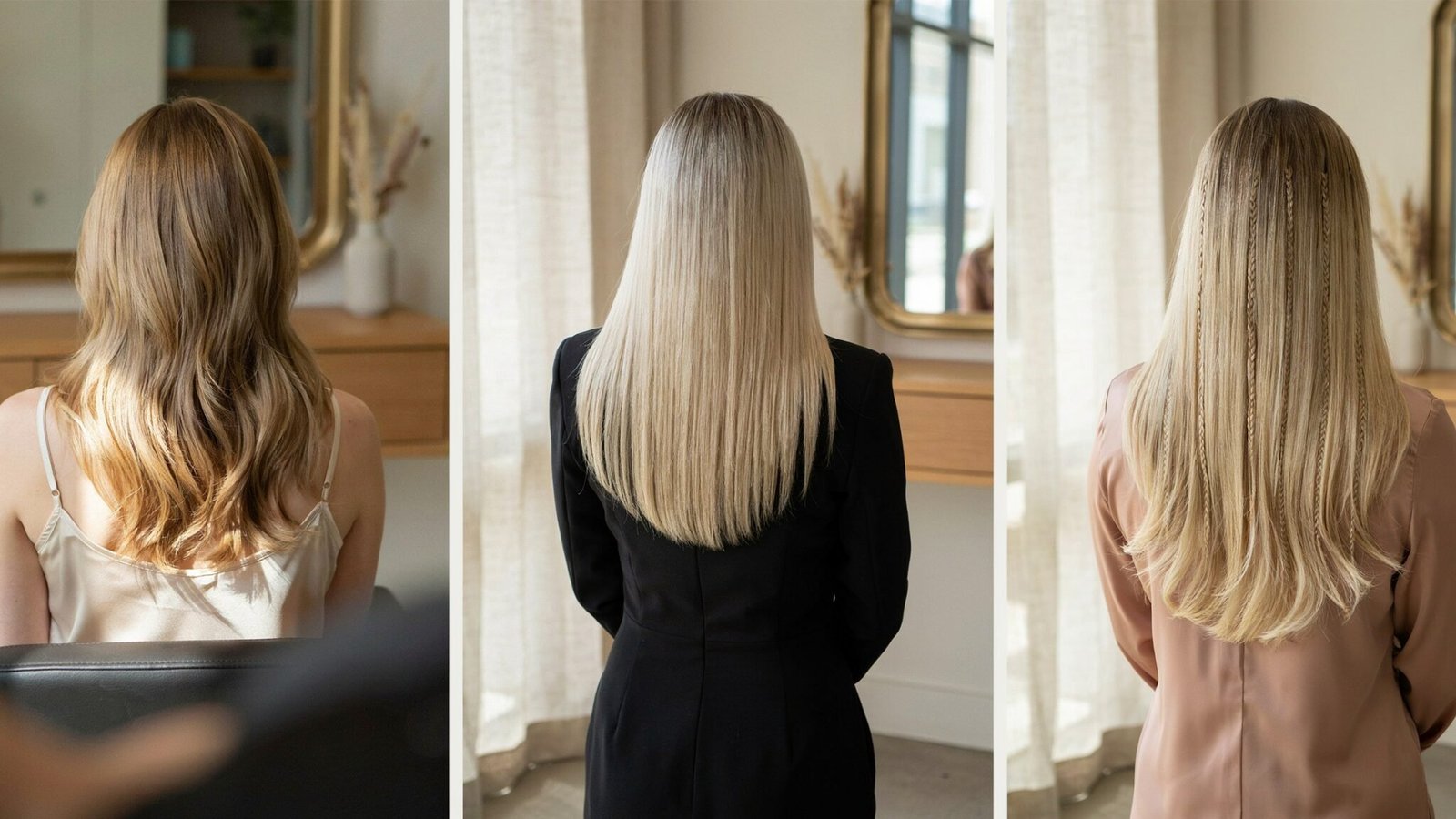 Comparison collage showing natural, straight, and braided blonde hair styles from behind.