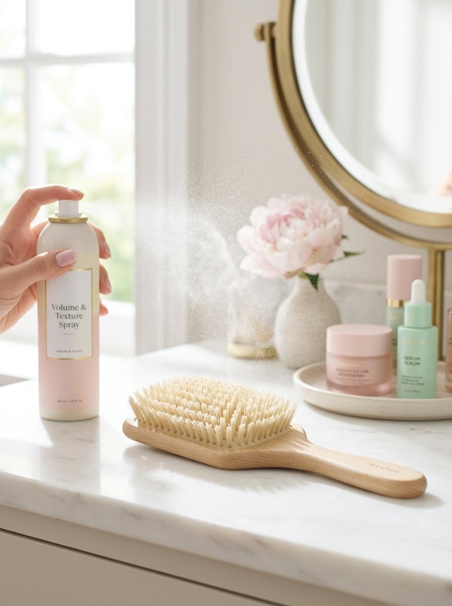 A person holds a bottle of hair spray above a wooden brush on a marble vanity near skincare products.