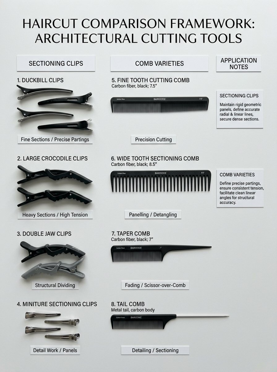 An educational chart displaying eight types of professional haircutting clips and carbon fiber combs.