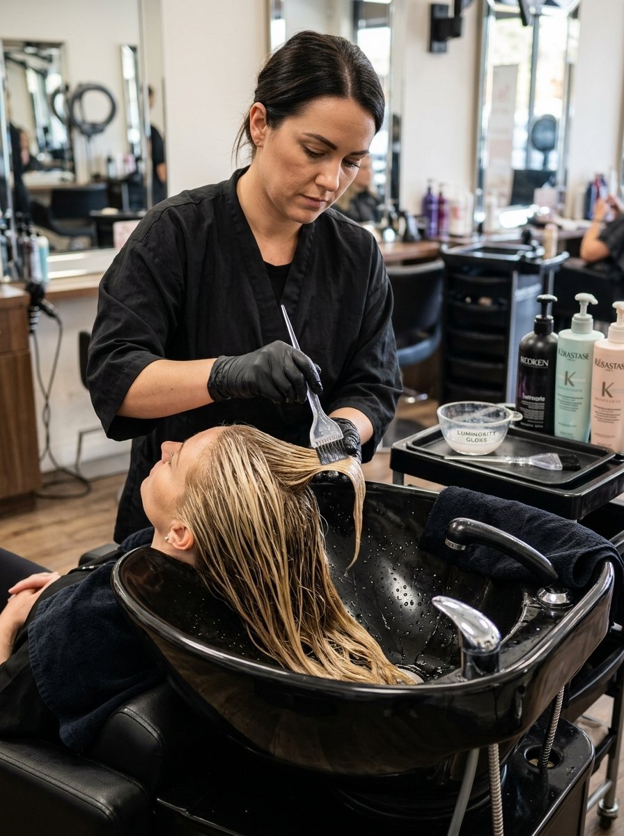 Hairstylist wearing black gloves brushes a hair treatment onto a client lying at a salon wash station.