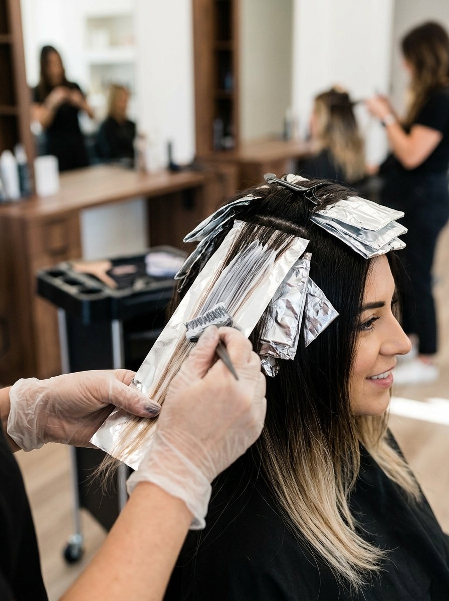 Close up of hands in plastic gloves applying lightener to hair strands with foil inside a hair studio.
