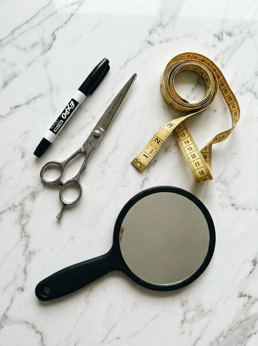 A black hand mirror, hair shears, a yellow measuring tape, and an Expo marker lying on white marble.