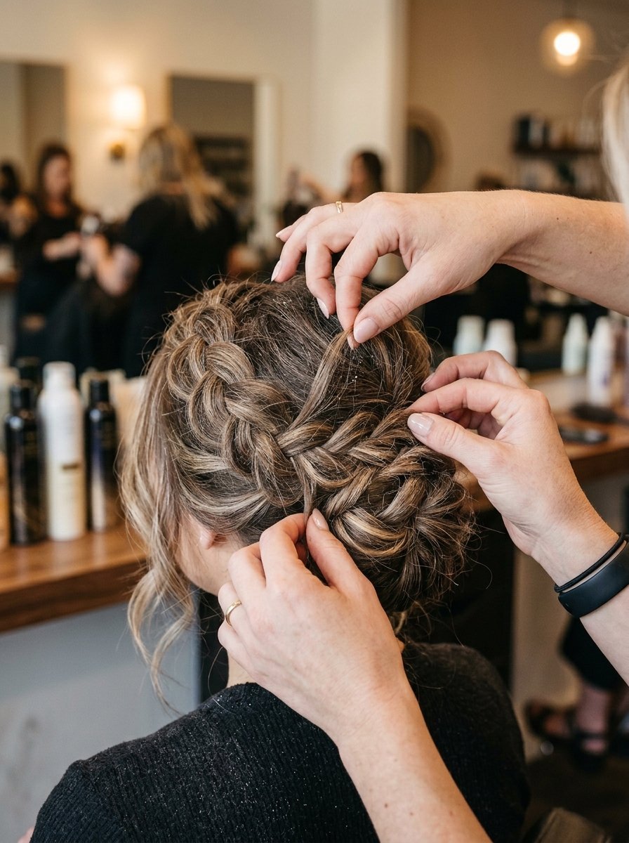 Close up of hands styling a woman's hair into a complex fishtail braid updo at a hair salon.