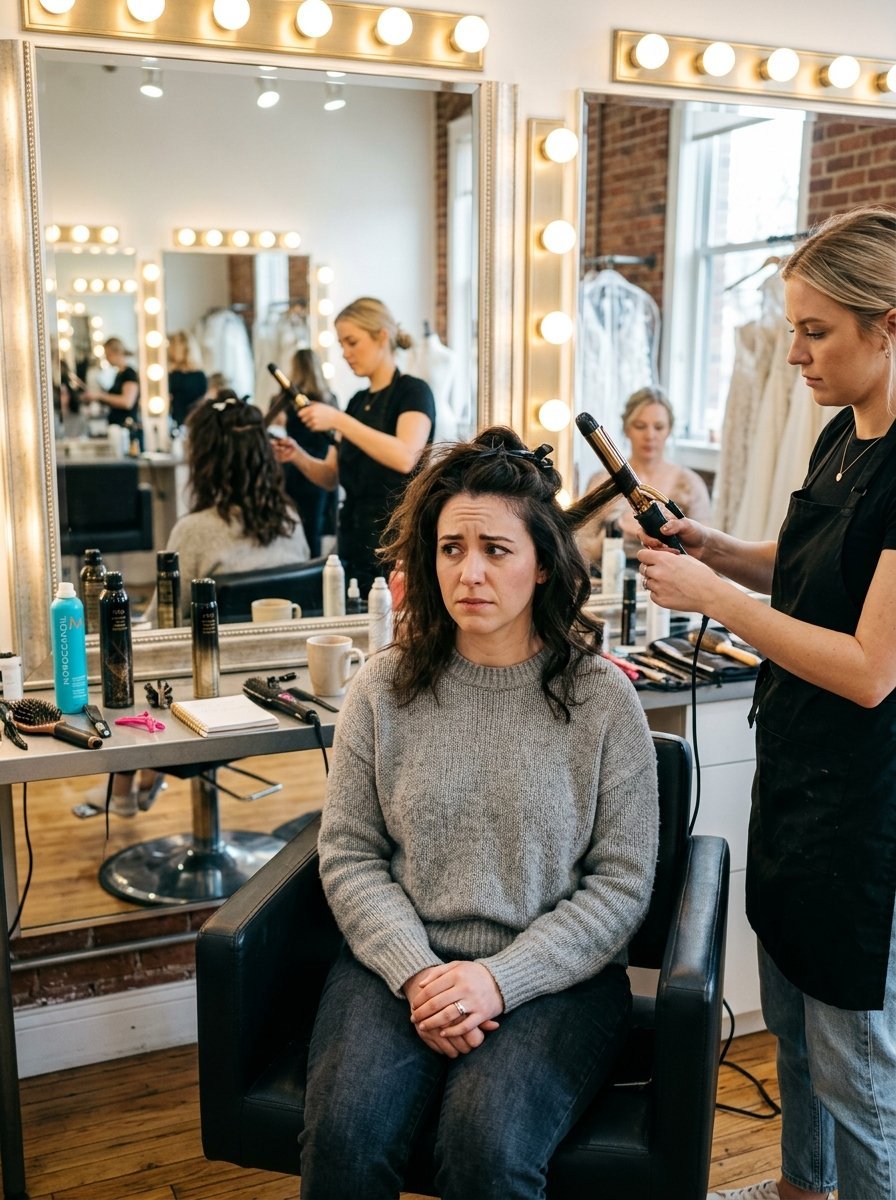 A woman in a grey sweater sits in a salon chair as a stylist uses a curling iron on her dark hair.
