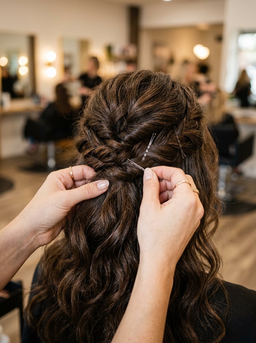 Close up of hands placing bobby pins into a woman's brown wavy braided hair.