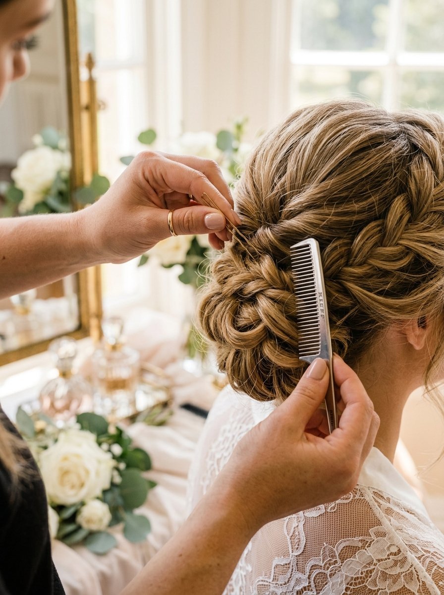Stylist using a fine-tooth comb and hairpins to perfect a woman's intricate wedding day braid.