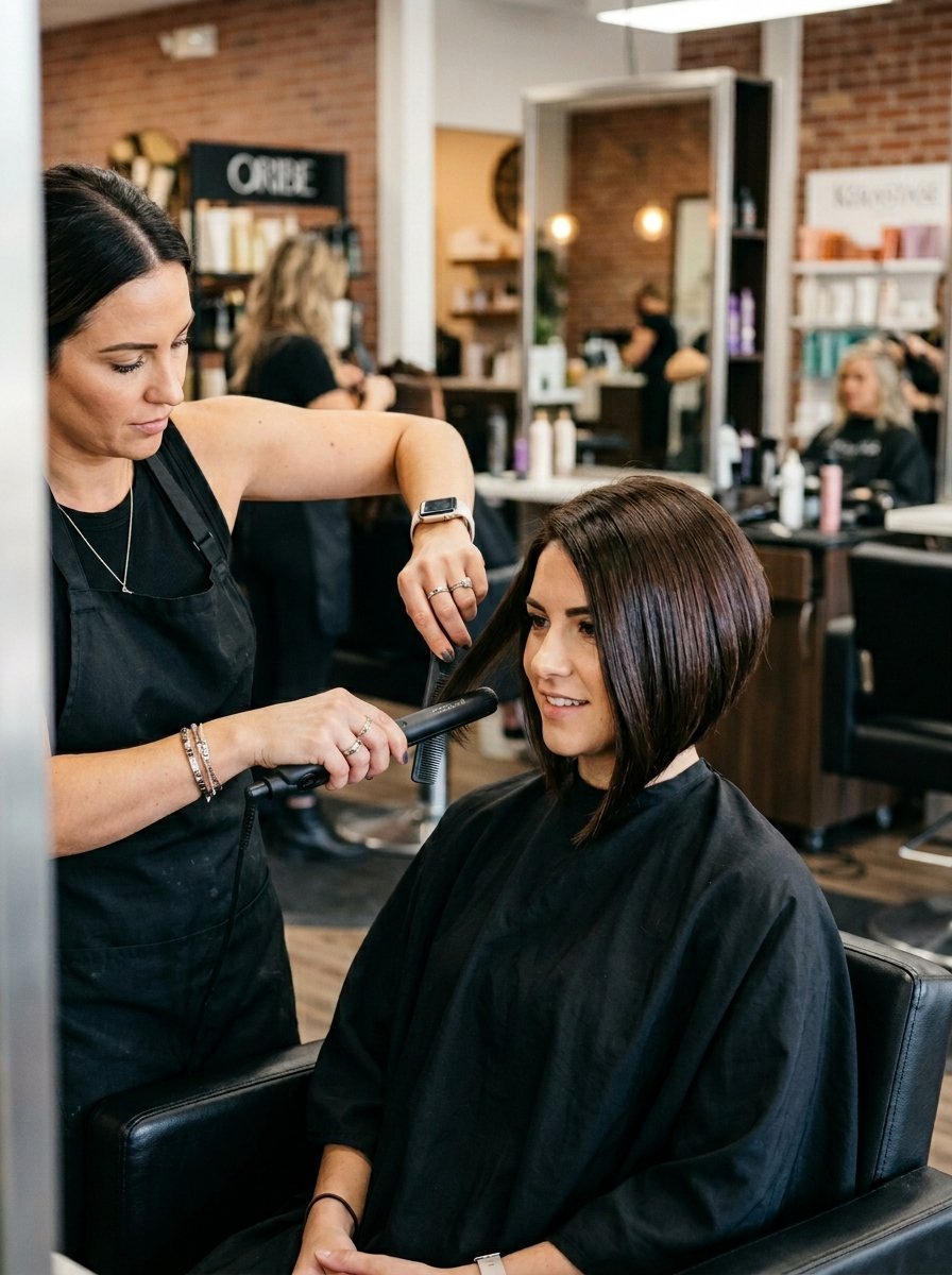 A hairstylist styling a woman's dark hair with a straightener inside a modern salon.