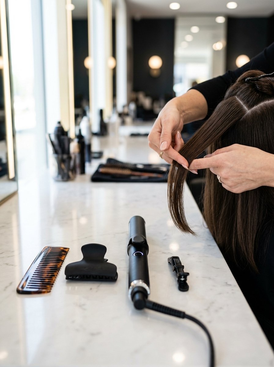 Close up of hands preparing a section of straight brown hair for styling with tools on a white marble table.