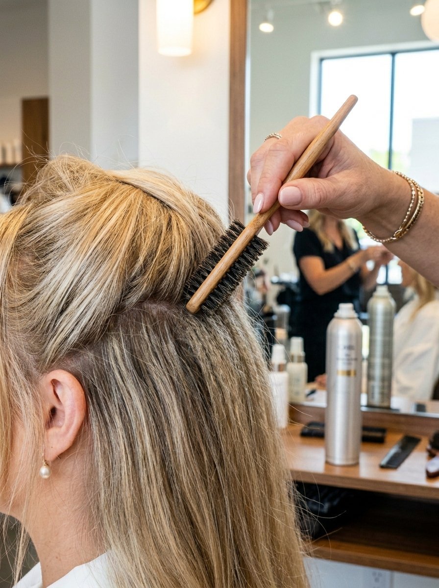 Close-up of a hand using a small boar bristle brush to backcomb blonde hair sections in a salon.