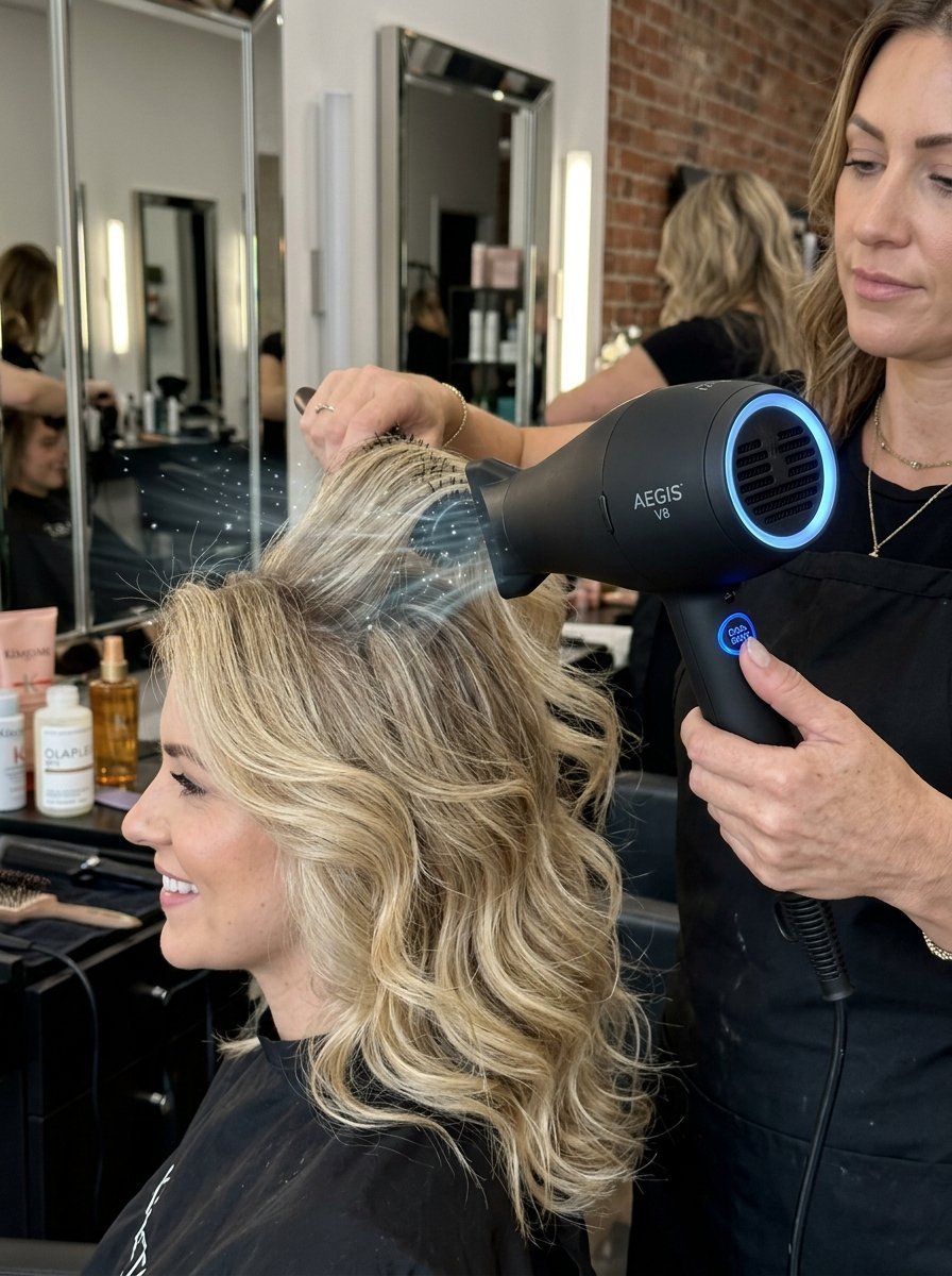A stylist uses an Aegis V8 hair dryer to style a client's long blonde wavy hair at a salon station.