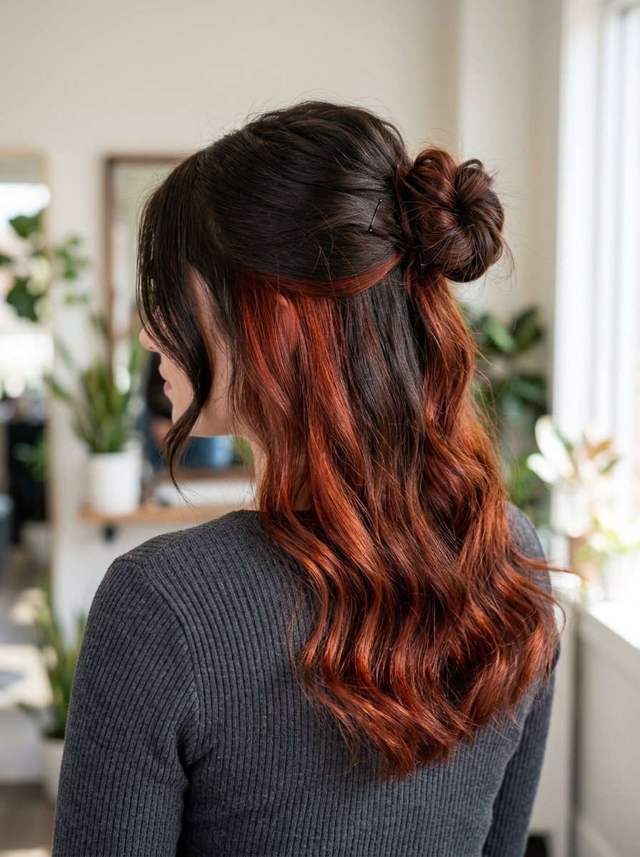 Back view of a woman with long dark wavy hair styled in a half-up bun, showcasing reddish-orange highlights underneath.
