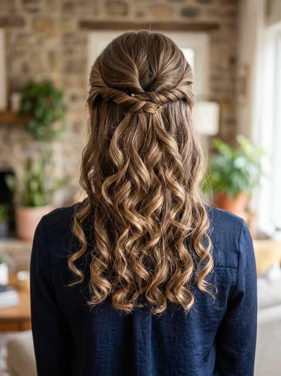 Back view of a woman with brunette hair styled in a half-up twist with loose ringlets.