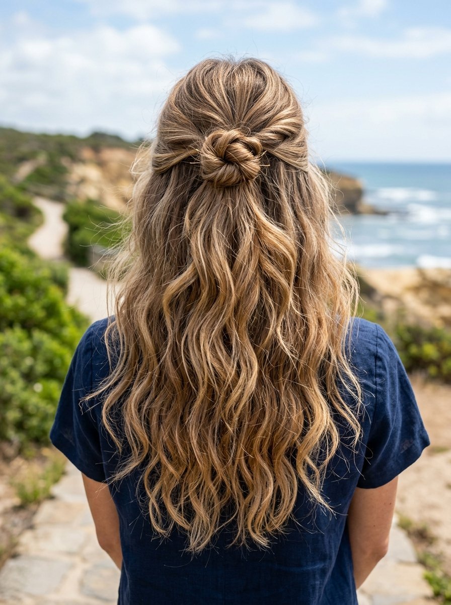 Back view of a woman with long wavy blonde hair styled in a half-up knot overlooking the ocean.
