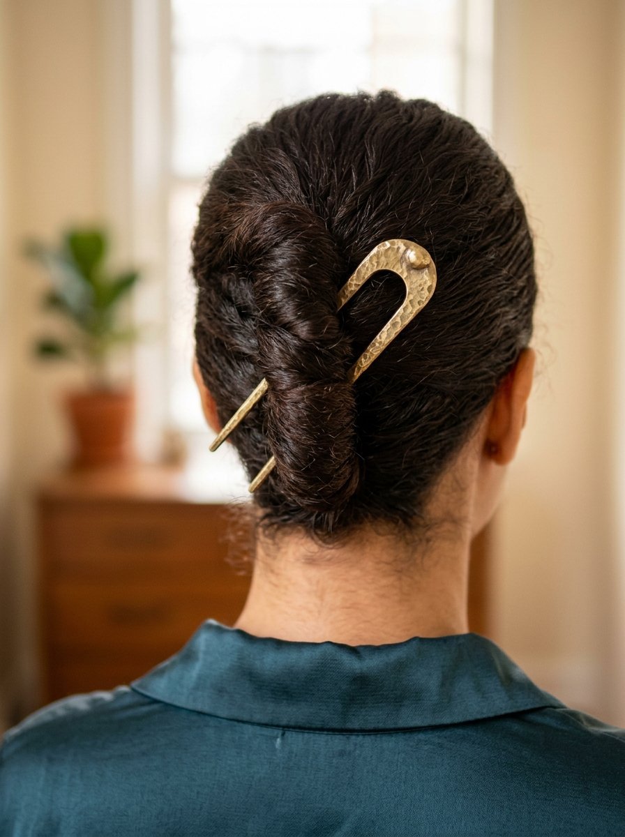 Close up rear view of dark hair styled in a bun held with a textured metal hair accessory.