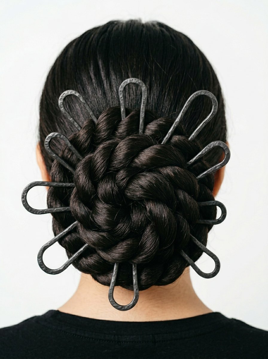 Back view of a woman with a dark braided hairstyle featuring a decorative forged steel floral hair piece.