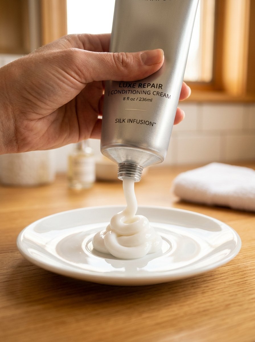 A hand squeezes a silver tube of luxe repair conditioning cream, forming a spiral on a white plate.