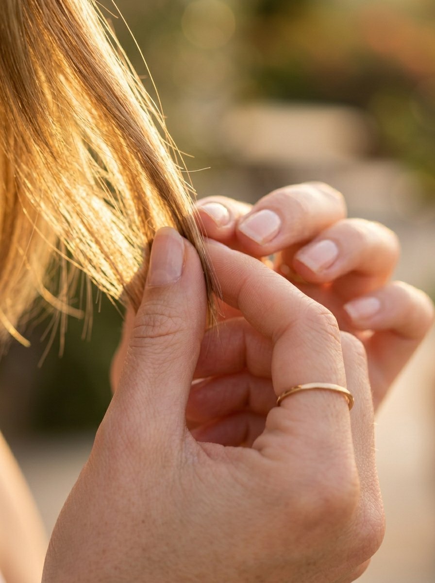 Close up of a woman's fingers touching her hair outdoors in warm sunlight.