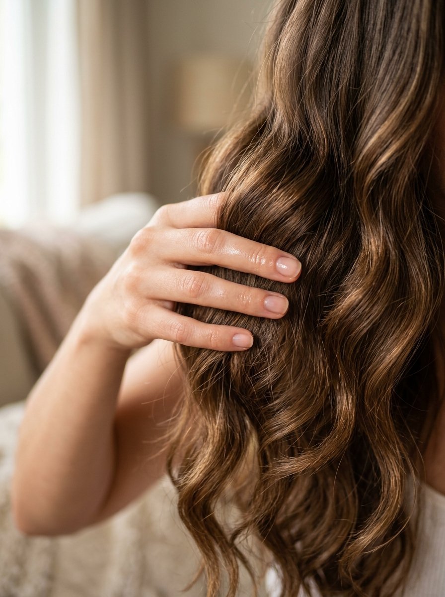 Close-up of a woman's hand gently styling her long brunette hair with natural waves.