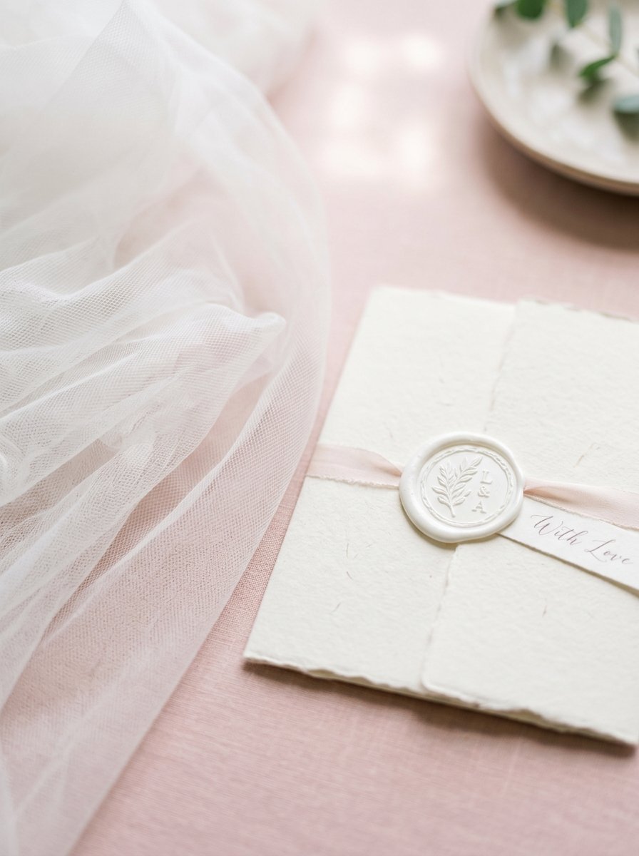 Close up of an off-white paper invitation featuring a custom wax seal and sheer tulle fabric on a blush background.