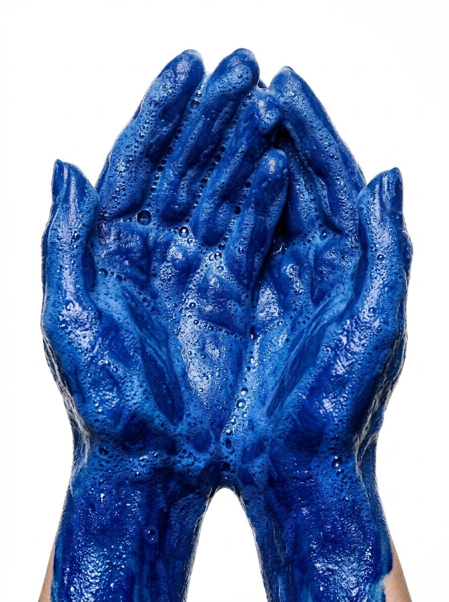 Close up of two hands held together covered in textured blue suds isolated on white background.