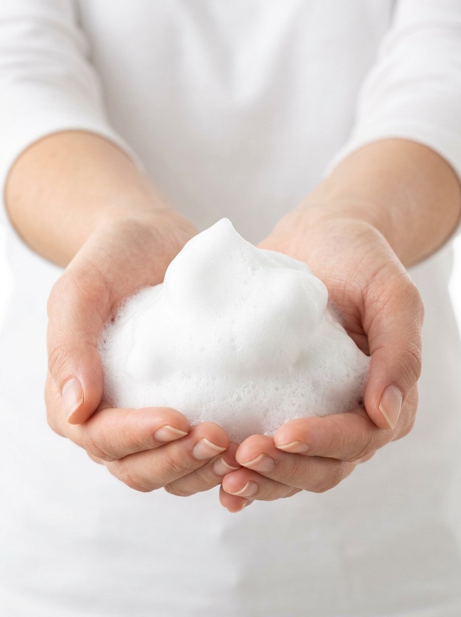 Close up of person's hands holding a soft pile of white cleanser bubbles against a white background.