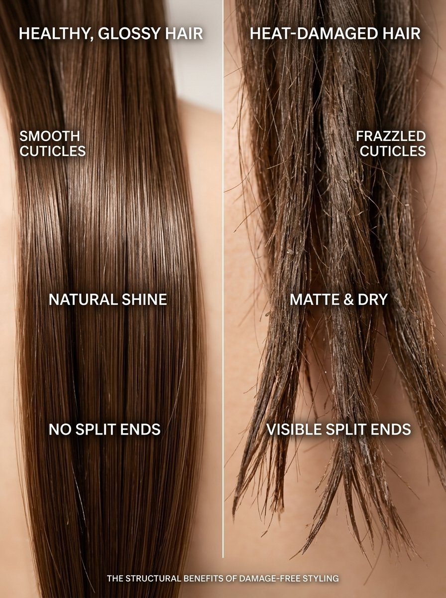 An infographic showing shiny, healthy hair on the left and frizzy, split-ended heat-damaged hair on the right.