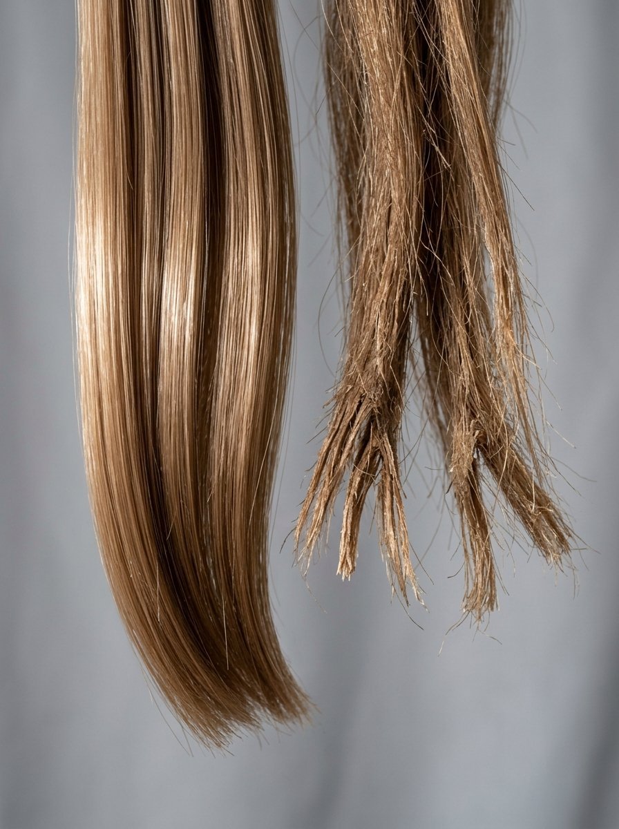 Split view showing a sleek, shiny hair section beside a dry, brittle section with visible split ends.