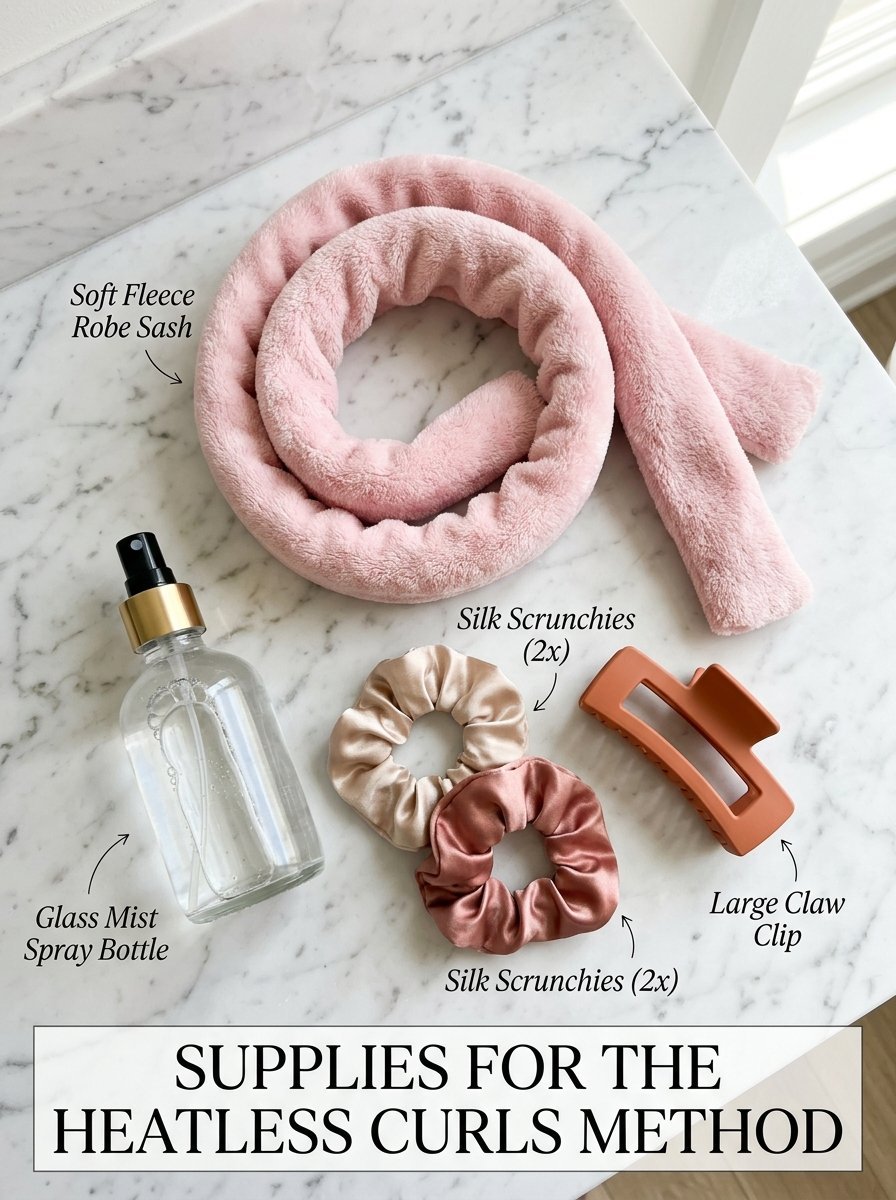 A flat lay of a fleece robe sash, two silk scrunchies, a claw clip, and a spray bottle on a marble countertop.