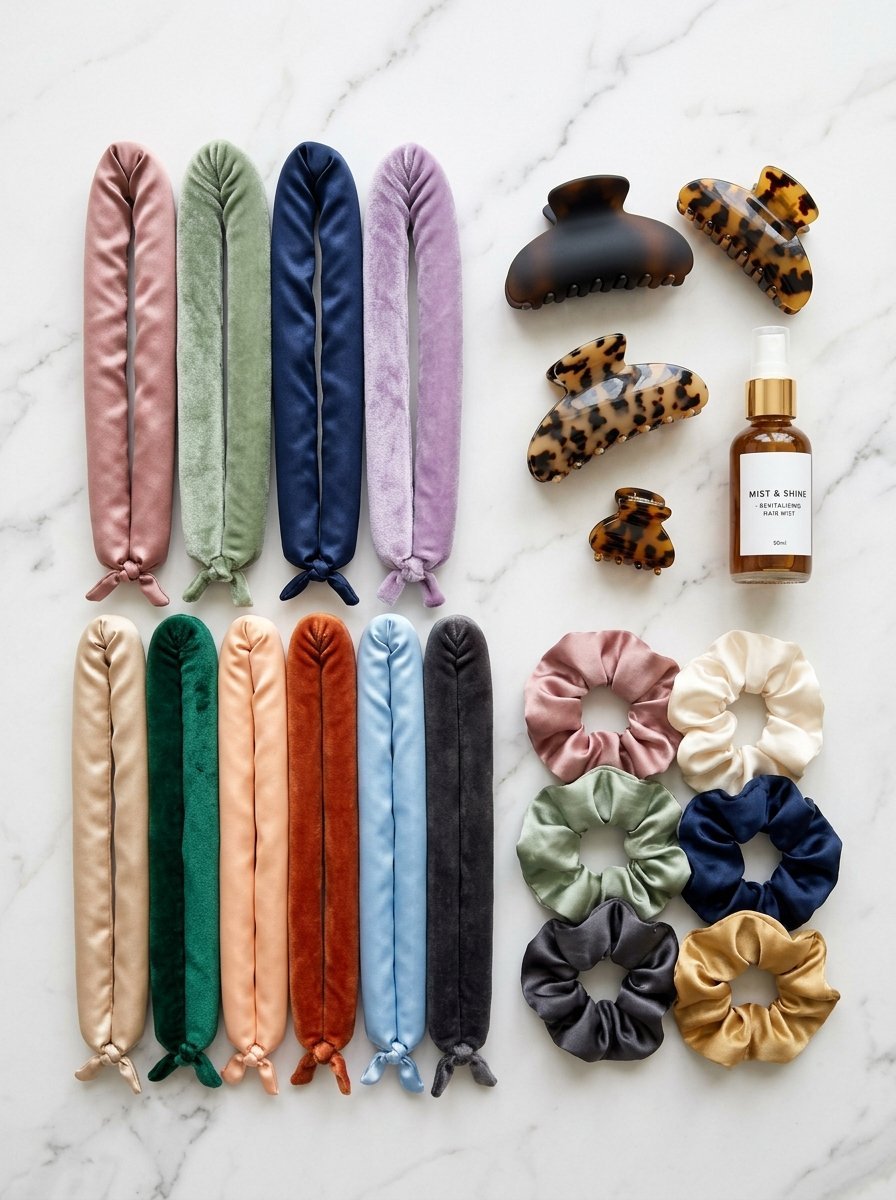 A flat lay of various heatless hair curling rods, leopard print claw clips, and colorful fabric scrunchies.