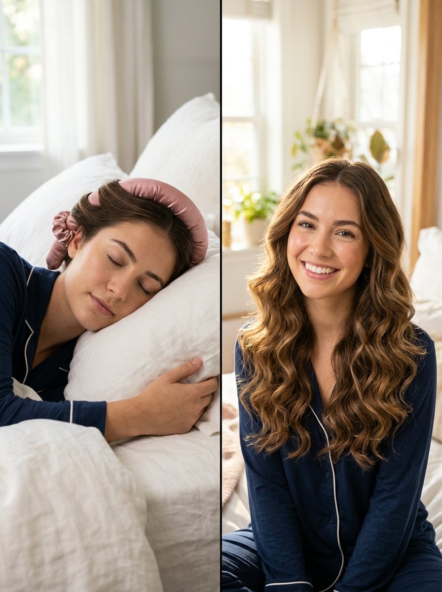 Split view showing a woman wearing a satin hair curler while asleep and then smiling with styled wavy hair.