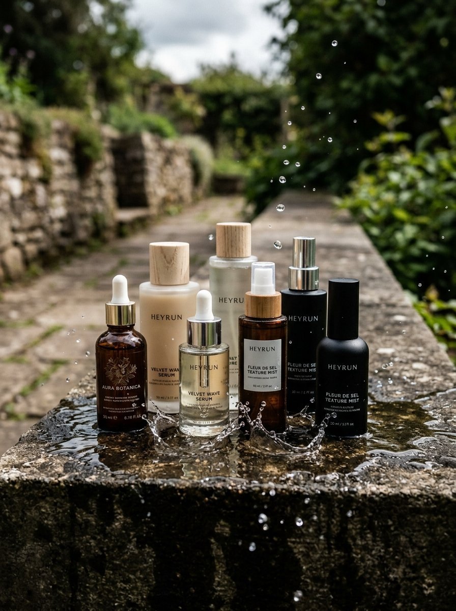 Several Heyrun serum and mist bottles standing on a wet stone wall outdoors.