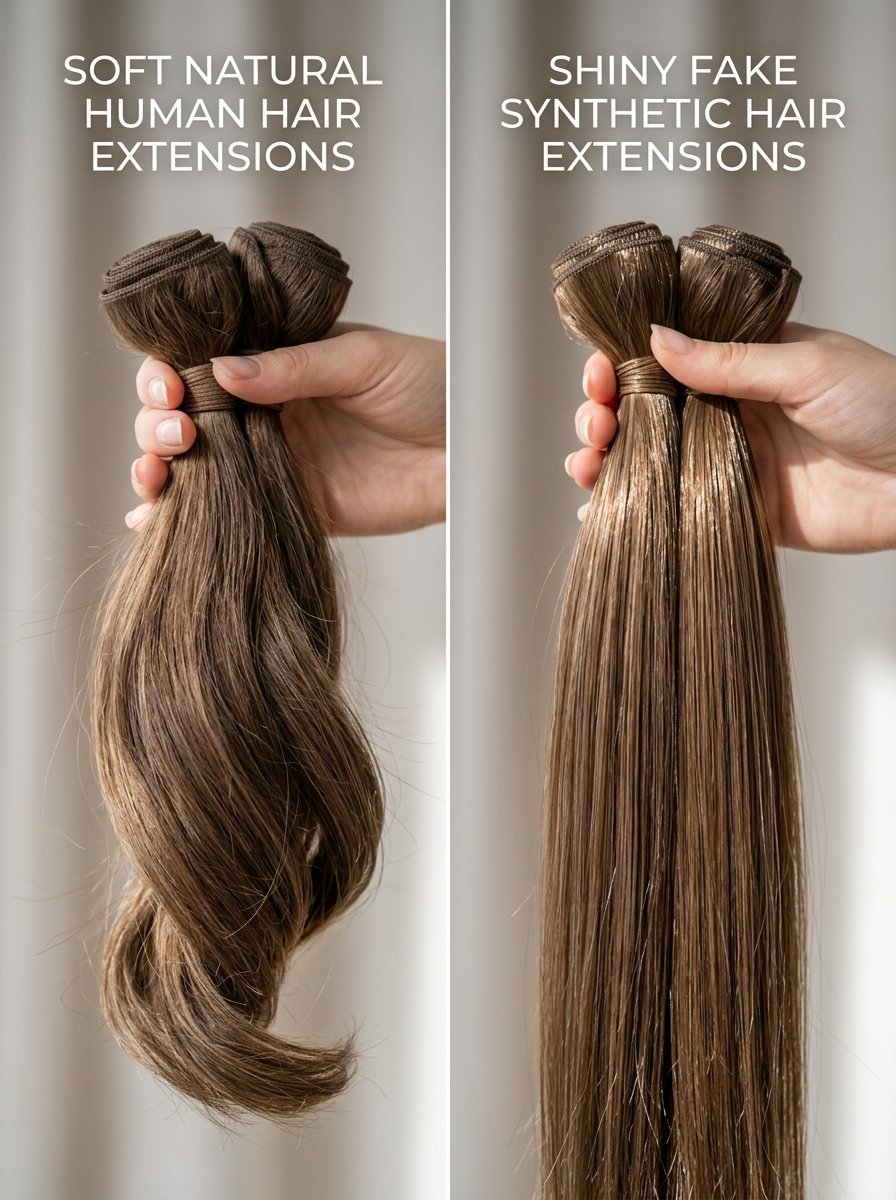 Comparison showing a wavy human hair extension bundle next to a straight, reflective synthetic hair bundle.