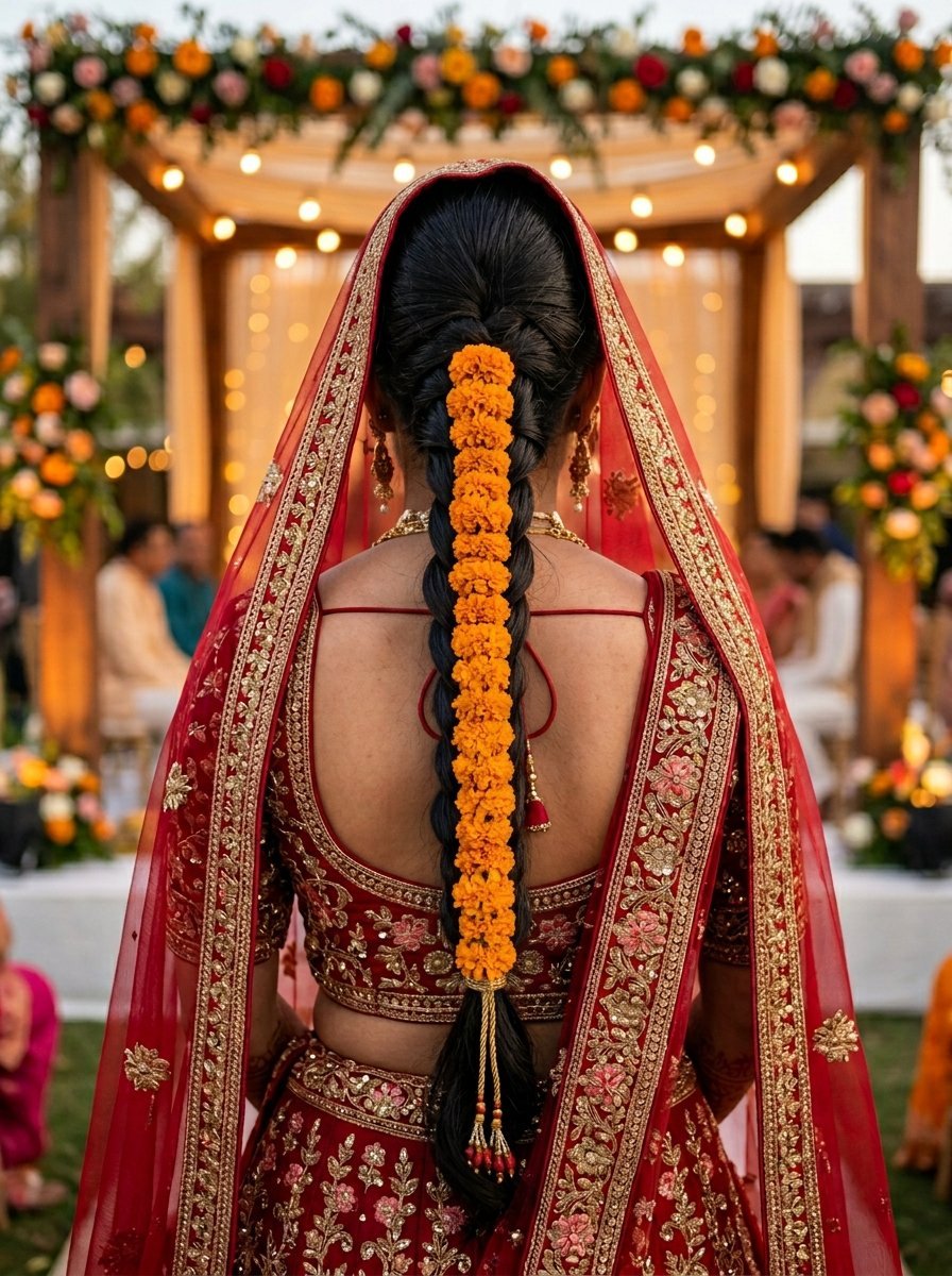 Rear view of a bride in a red lehenga with her long braid woven with bright orange marigold flowers.