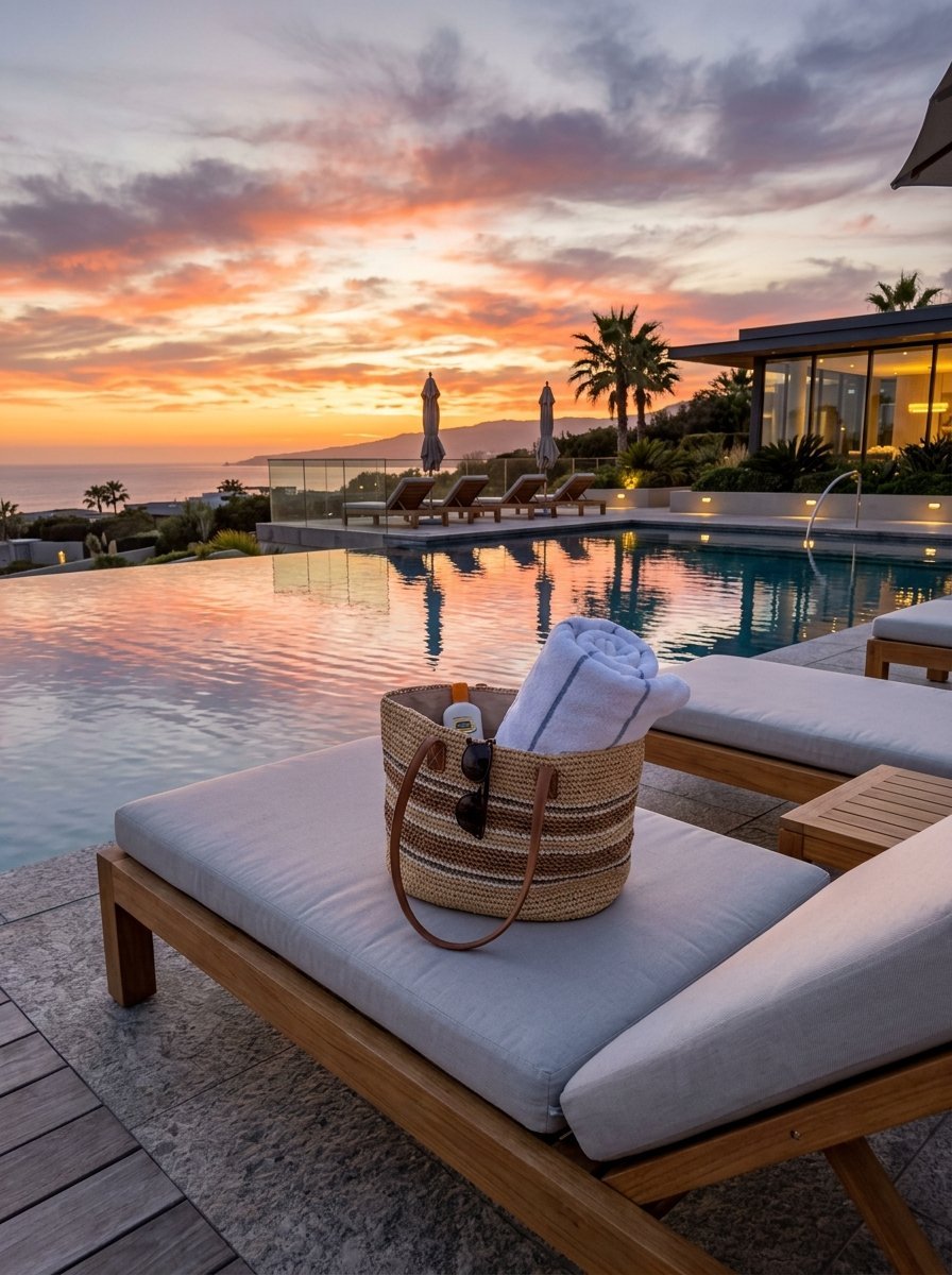 A woven beach bag, white towel, and sunglasses resting on a teak lounge chair by a pool at sunset.