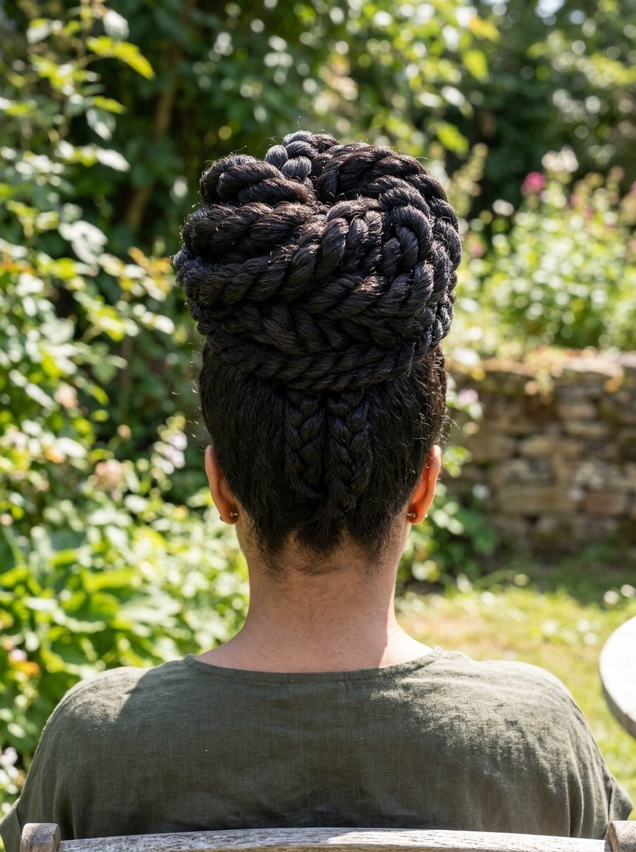 Back view of a person with dark hair styled into an elaborate, oversized rope-like braided bun.