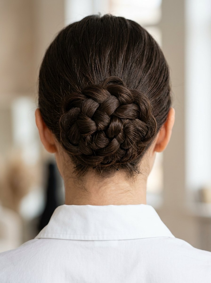 Close up view of the back of a woman's head showing a detailed braided hair bun.