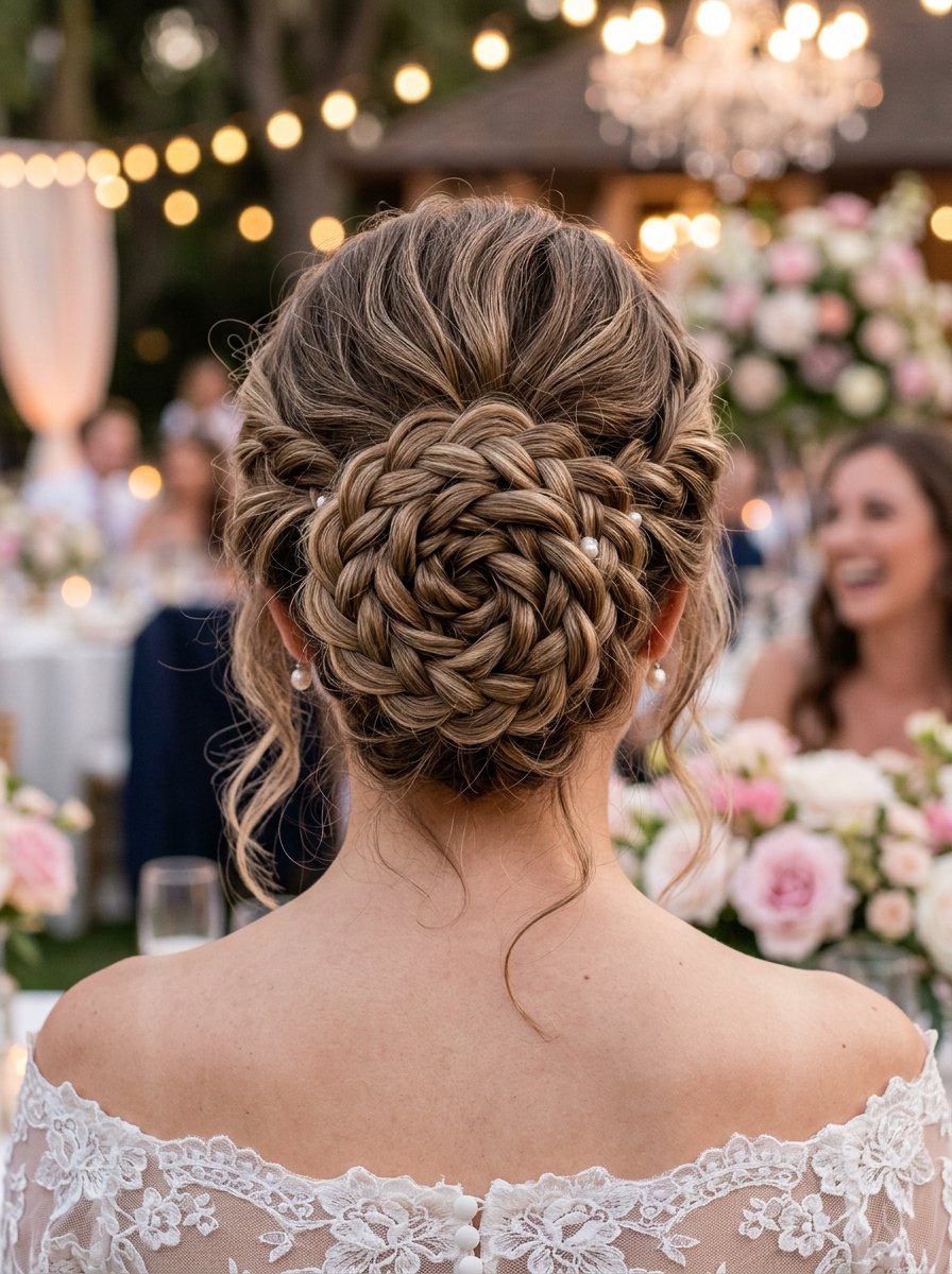 Close-up back view of a bride with long hair styled into a complex woven rose-shaped updo with pearl accents.