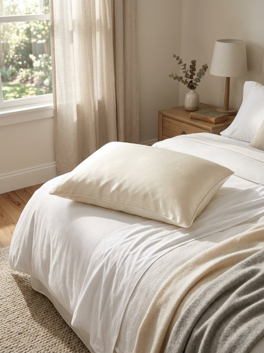 Close up of an elegant, shiny cream-colored pillow placed on a neatly made bed in a neutral-toned bedroom.