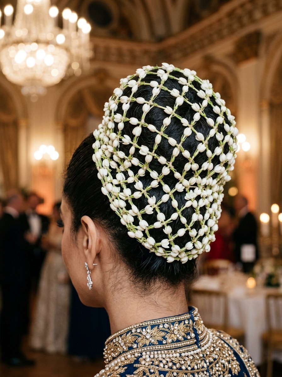 Close-up back view of a woman with a jasmine flower lattice headpiece over her dark hair.