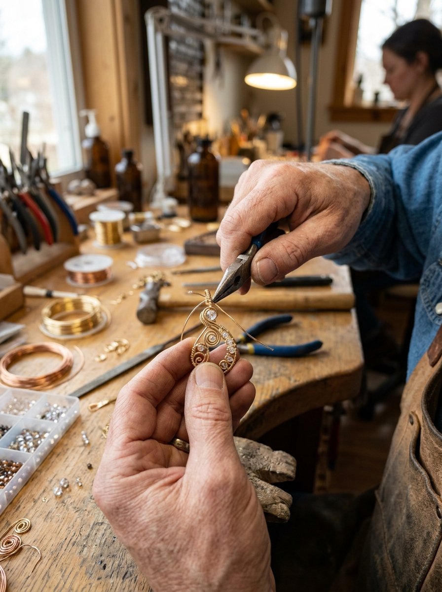 Close-up of hands using pliers to shape a wire wrapped jewelry piece with small gemstones.
