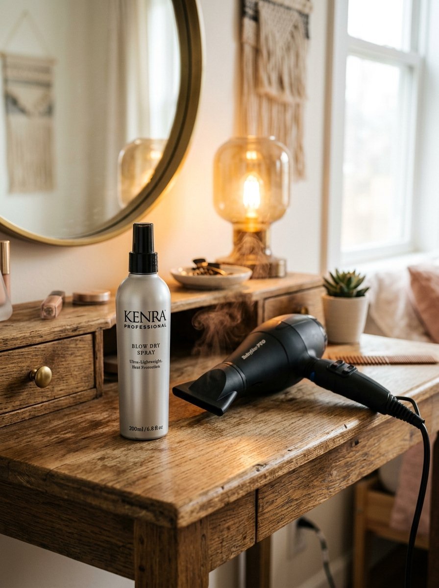 Silver Kenra spray bottle and black hair dryer sitting on a wooden desk near a warm glowing lamp.