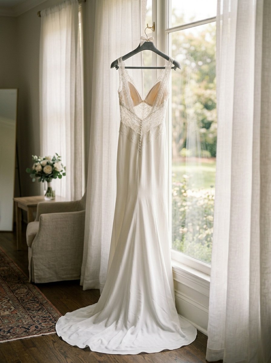 A floor length lace-back wedding gown hangs on a hanger in front of a bright window with sheer curtains.