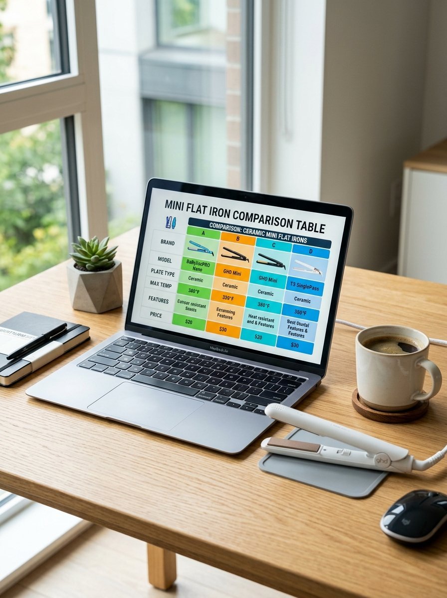 Laptop on a wooden desk displays a table comparing specifications and prices of four different mini hair straighteners.