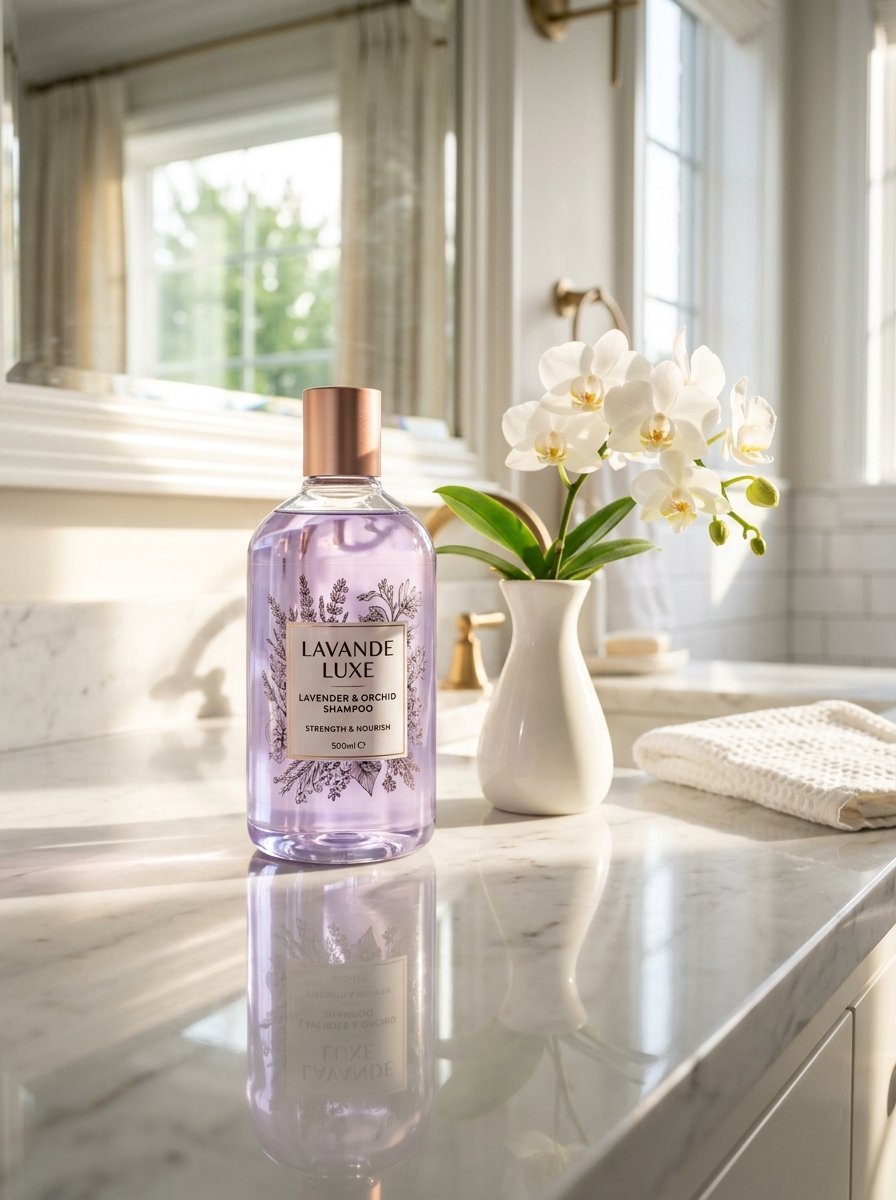 Purple shampoo bottle next to a white orchid in a vase on a marble countertop in a bright bathroom.