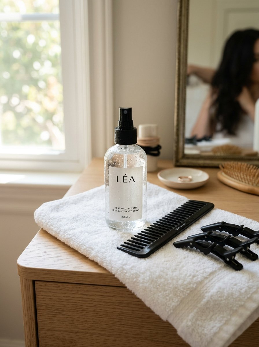 A bottle of Lea heat protectant spray sits on a white towel with a black hair comb and sectioning clips.