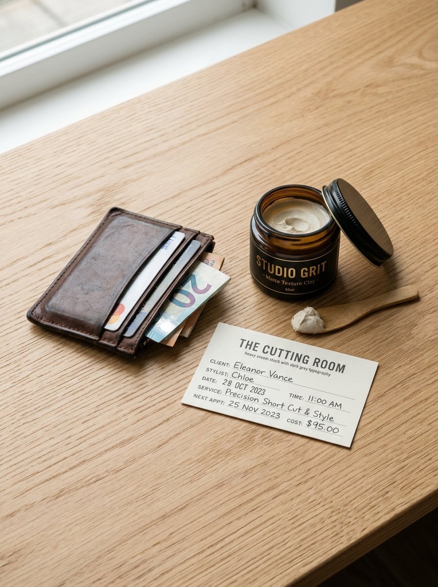 A leather card holder, a jar of Studio Grit hair clay, and a salon service ticket rest on a wooden table surface.