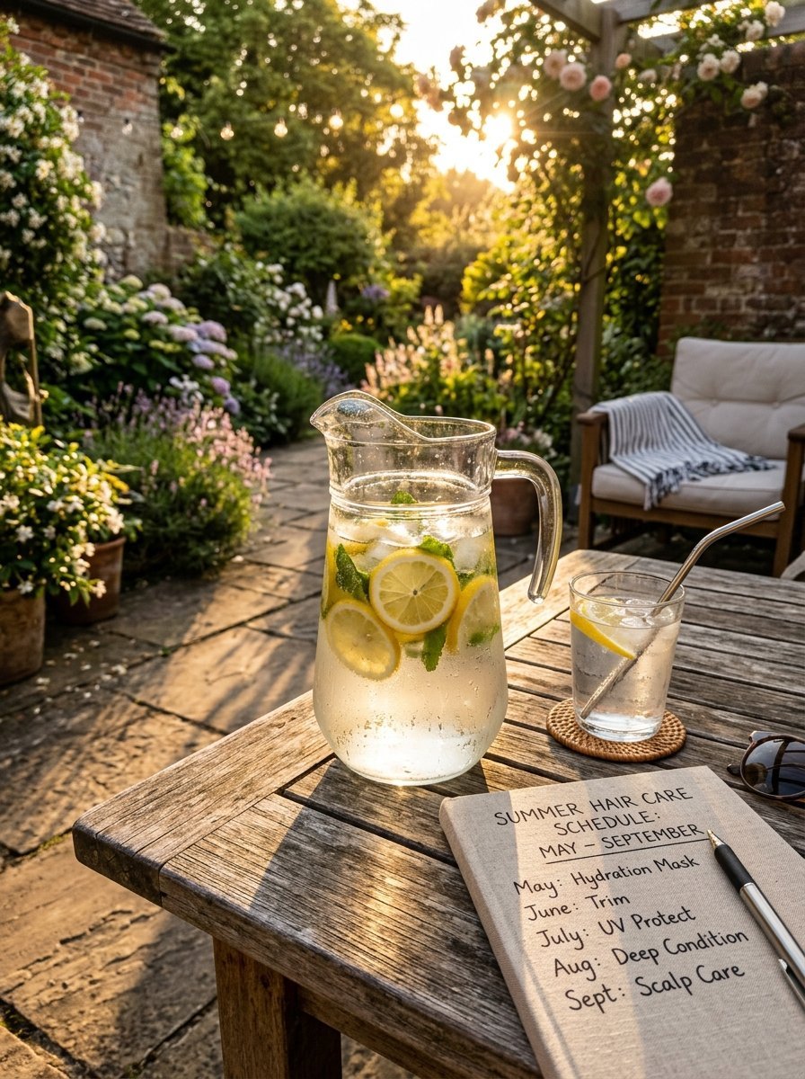 A pitcher of lemonade with lemon slices next to a handwritten summer hair care schedule on a patio.