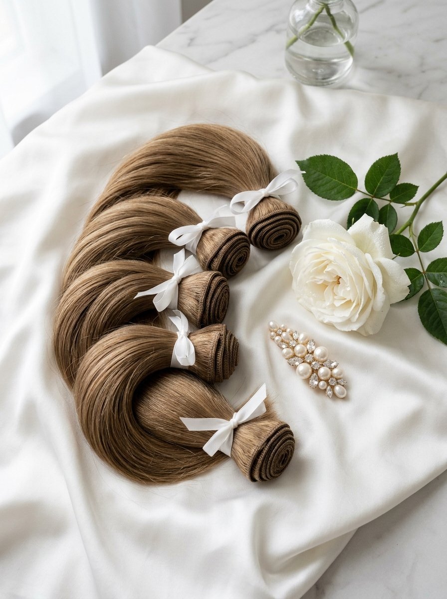 Bundles of wavy light brown hair extensions arranged next to a white rose and a decorative pearl hair clip.